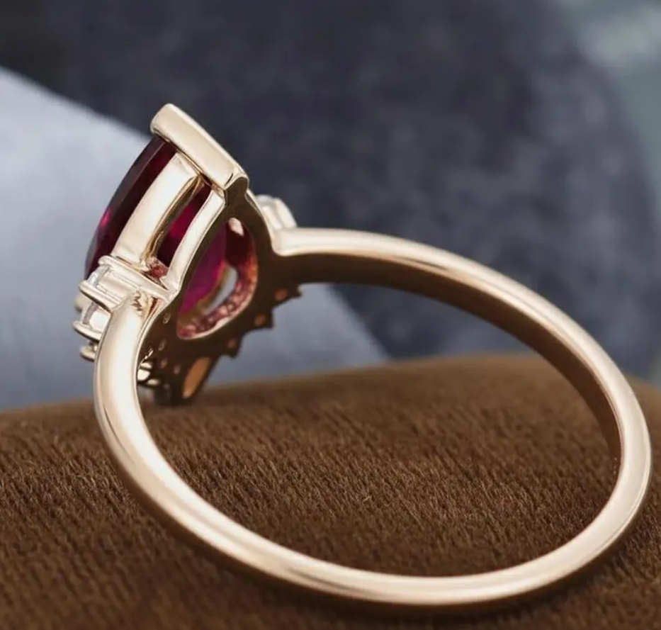 Garnet Ring, Pear Engagement Ring, 14K Gold Pear & Round Cluster Wedding Ring, Red Gemstone Solitaire Ring, Anniversary Gift Ring For Wife