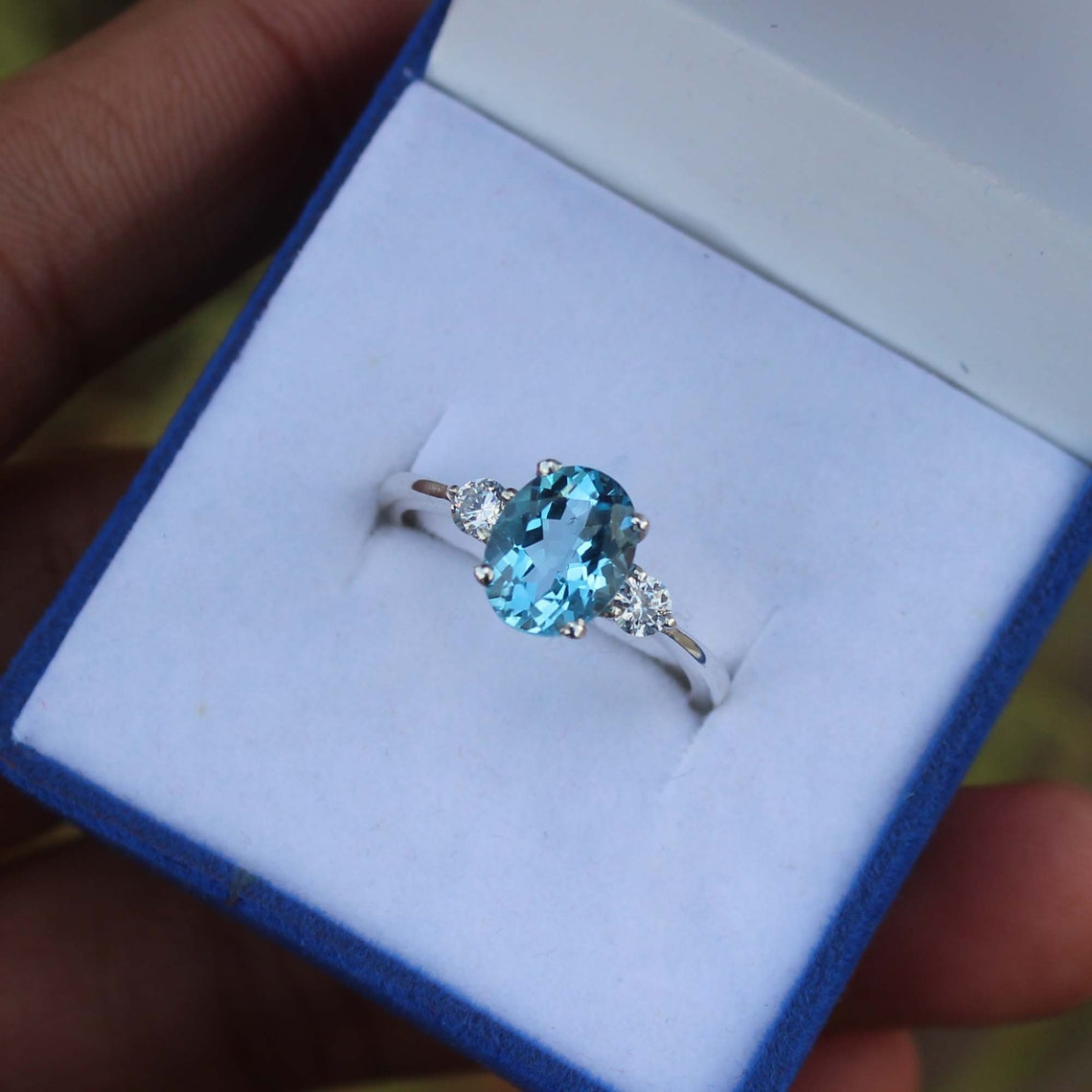 Swiss Blue Topaz Ring Sterling Silver Engagement Ring with Cubic Zirconia