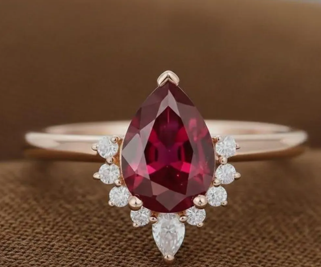 Garnet Ring, Pear Engagement Ring, 14K Gold Pear & Round Cluster Wedding Ring, Red Gemstone Solitaire Ring, Anniversary Gift Ring For Wife