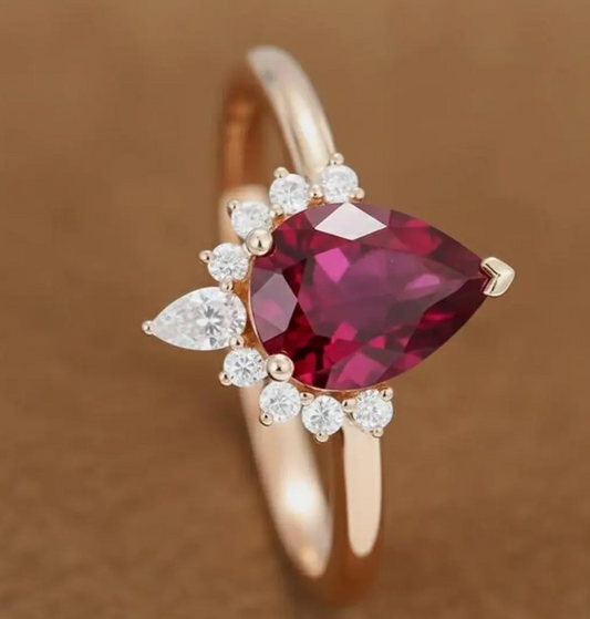 Garnet Ring, Pear Engagement Ring, 14K Gold Pear & Round Cluster Wedding Ring, Red Gemstone Solitaire Ring, Anniversary Gift Ring For Wife