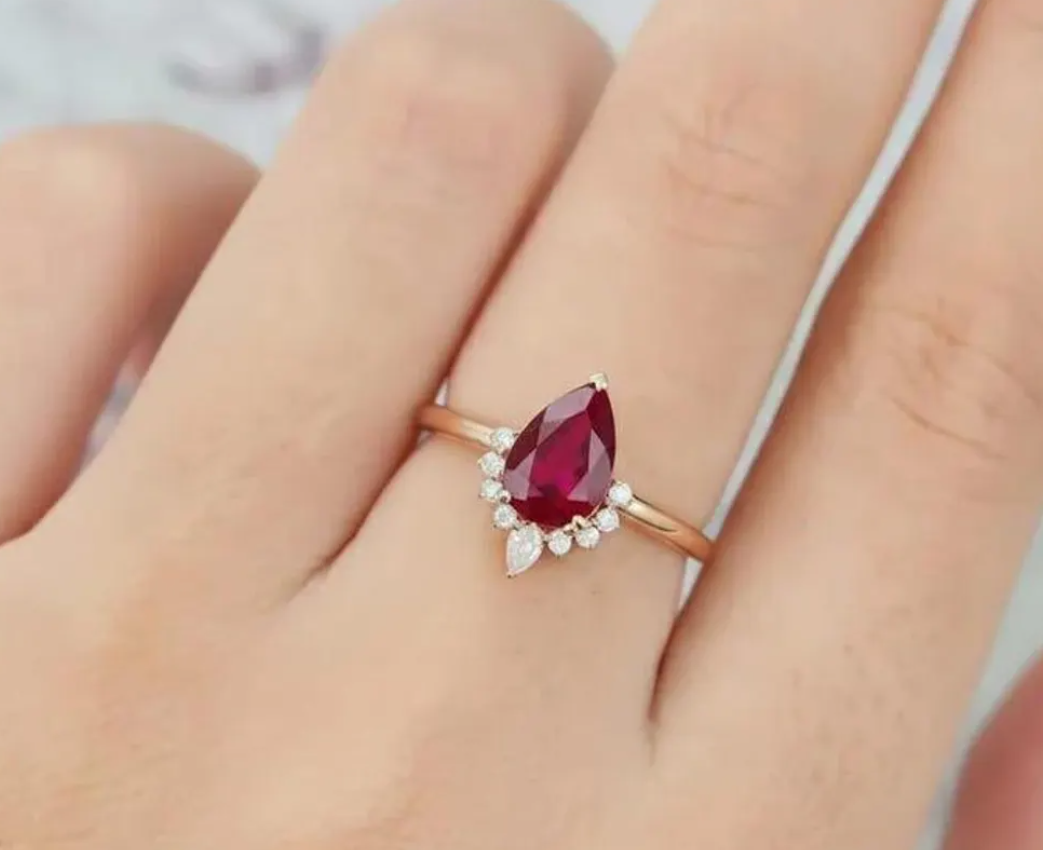 Garnet Ring, Pear Engagement Ring, 14K Gold Pear & Round Cluster Wedding Ring, Red Gemstone Solitaire Ring, Anniversary Gift Ring For Wife