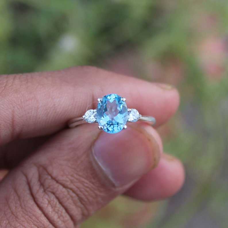 Swiss Blue Topaz Ring Sterling Silver Engagement Ring with Cubic Zirconia