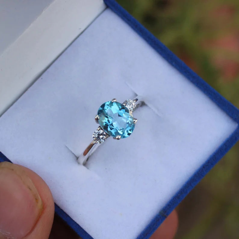 Swiss Blue Topaz Ring Sterling Silver Engagement Ring with Cubic Zirconia