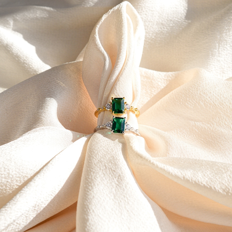 Genuine Emerald Gold Ring, 14K Gold Vermeil Lab Emerald Engagement Ring, Statement Ring, Birthday gift for her