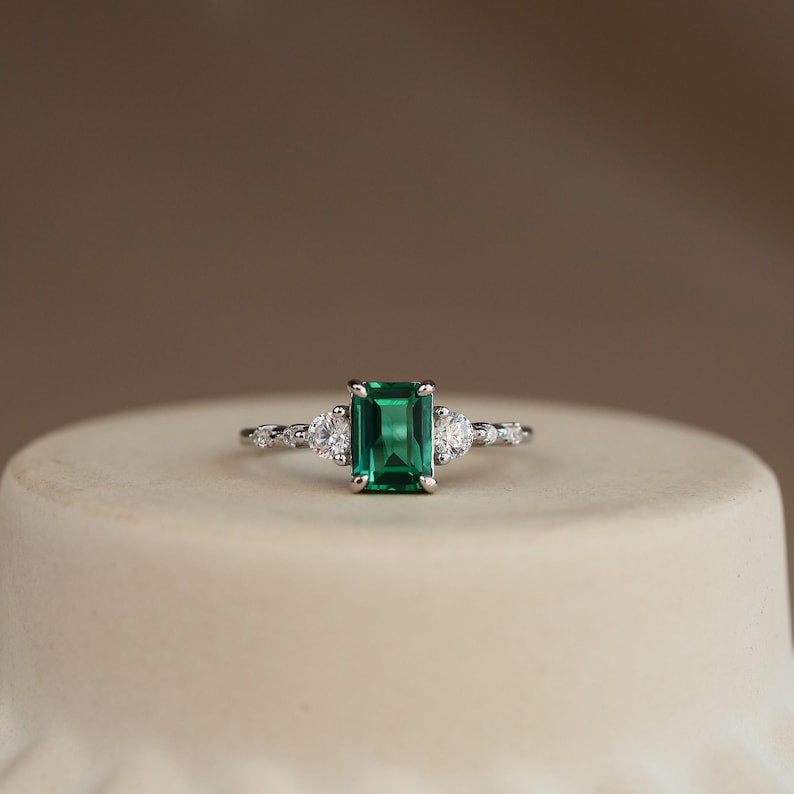 Genuine Emerald Gold Ring, 14K Gold Vermeil Lab Emerald Engagement Ring, Statement Ring, Birthday gift for her